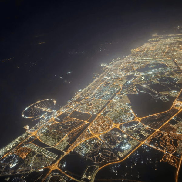 Aerial view of Dubai at night.