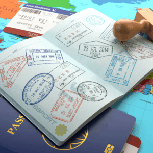 A passport with travel stamps.